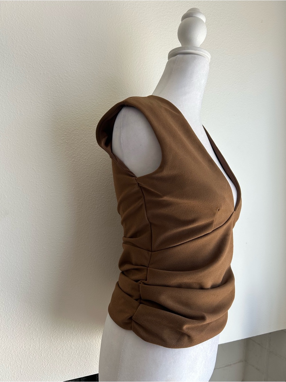 Deep V-Neck Brown Draped Sleeveless Camisole - Picture 3 of 7